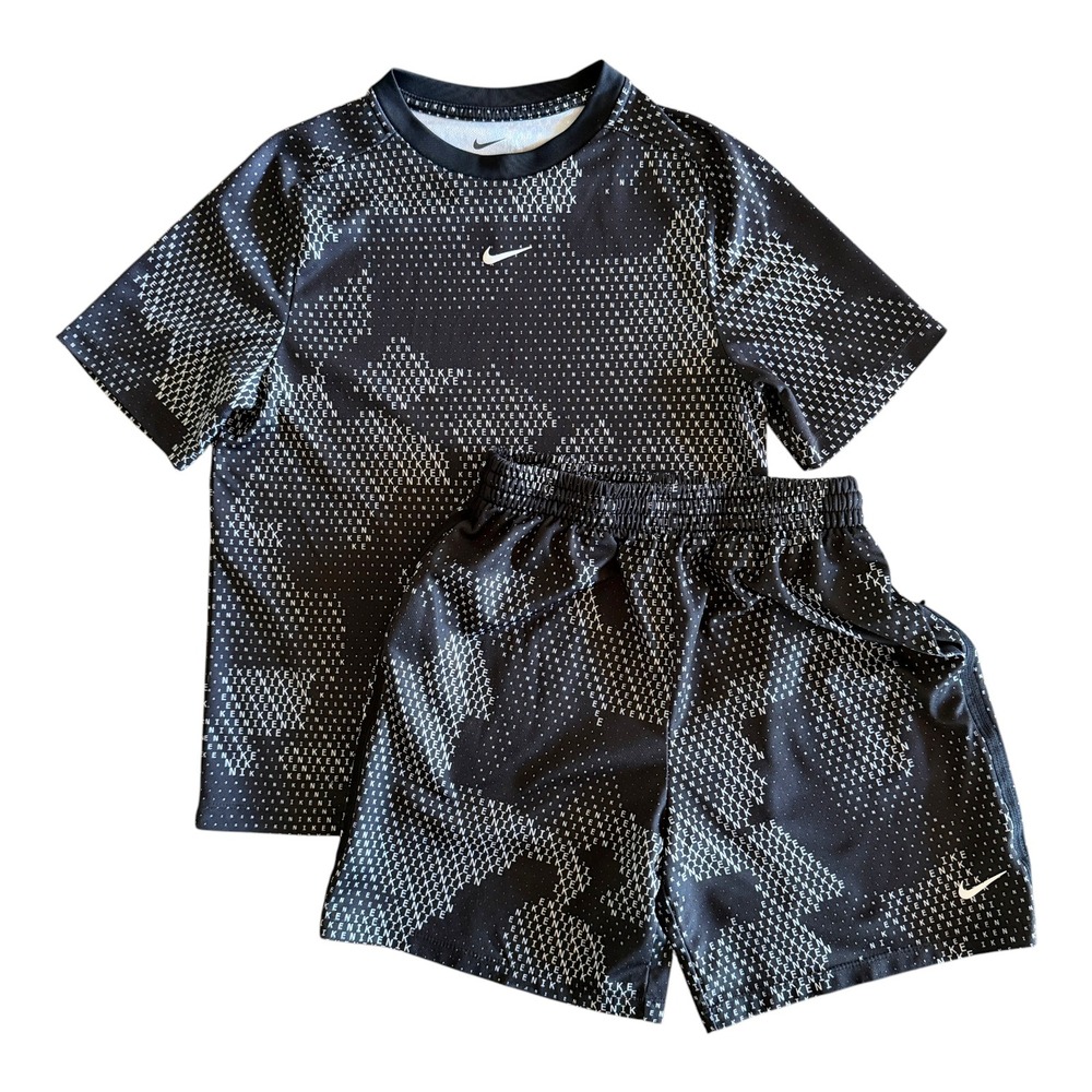 Nike Boys Black Logo Print Dri-FIT Athletic Shirt Shorts Outfit - Youth Large